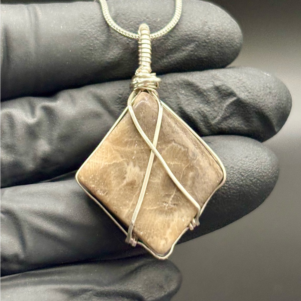 Handcrafted Petoskey stone Pendant Necklace Wire-Wrapped Stone Sterling silver